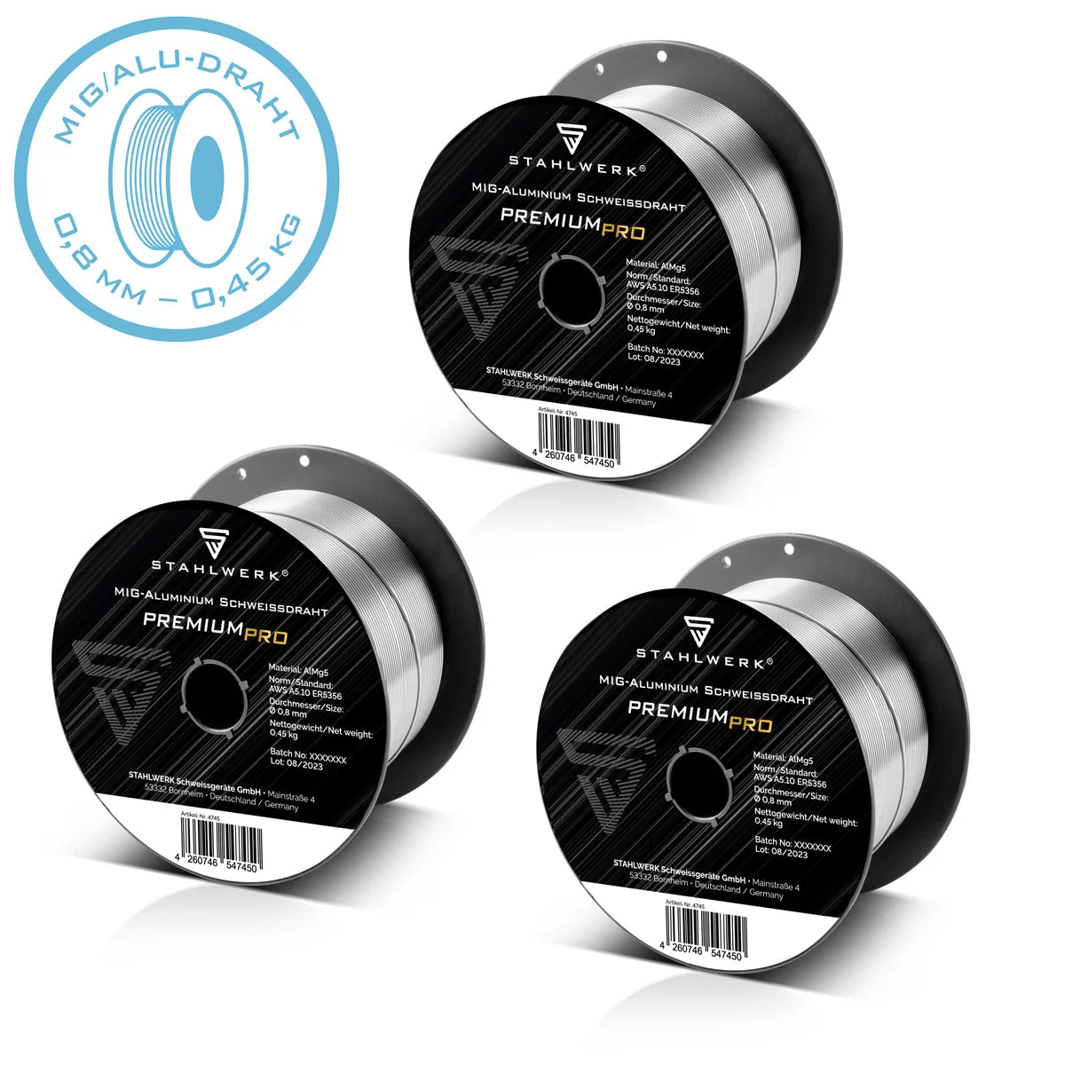 Molino de acero 3 x MIG MAG ALUMINUM ALUMINUM ALIMENTO ER5356 (ALMG5) 0.8 mm 0.45 kg Rollo de alambre | Bobina de alambre | Material adicional | Alambre de sudor universal | Electrodo de alambre sólido