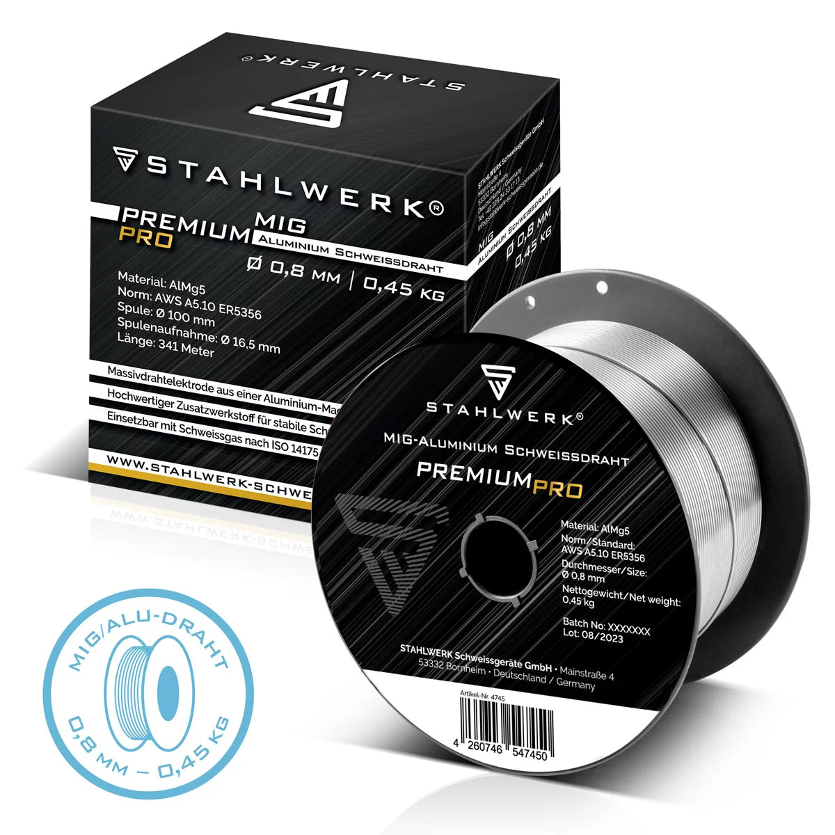 Molino de acero 3 x MIG MAG ALUMINUM ALUMINUM ALIMENTO ER5356 (ALMG5) 0.8 mm 0.45 kg Rollo de alambre | Bobina de alambre | Material adicional | Alambre de sudor universal | Electrodo de alambre sólido