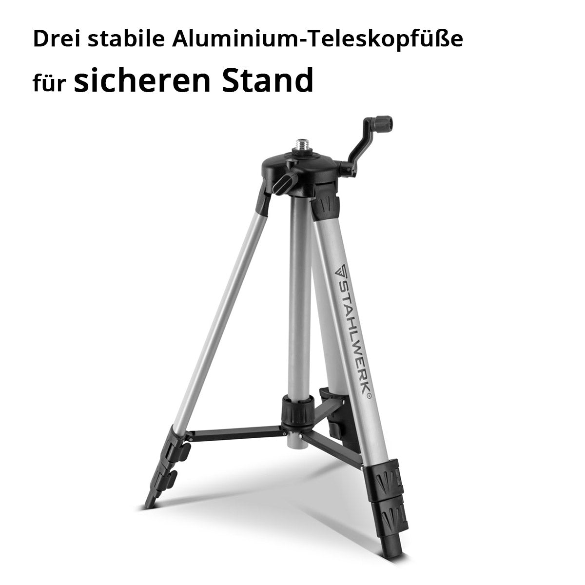 STAHLWERK Universal-Stativ für den STAHLWERK Kreuzlinienlaser KL-5 ST Teleskopstativ / Stativ / Dreibein-Stativ mit ausfahrbarer 280 mm Mittel-Säule, Kurbel und Nivellierlibelle