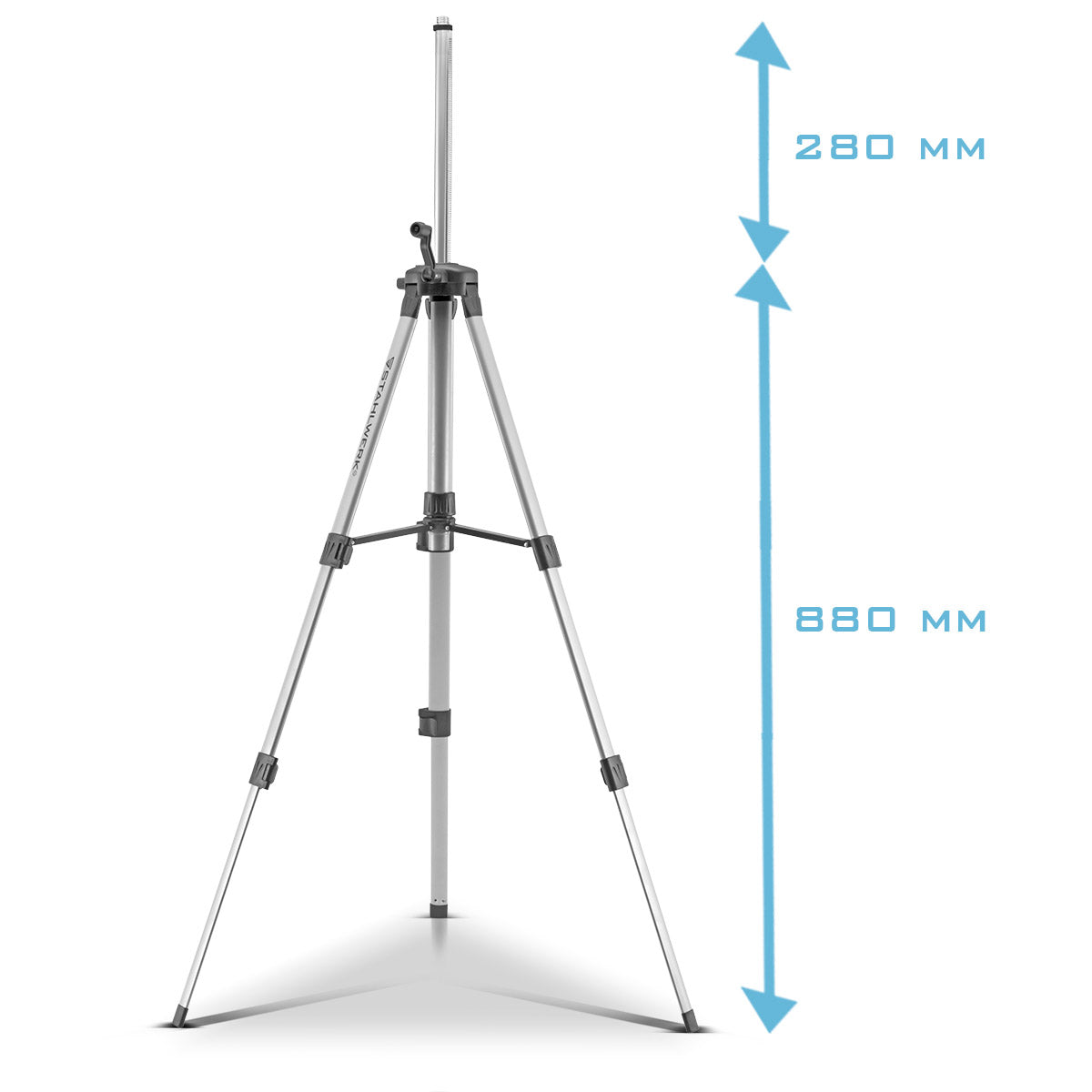 STAHLWERK Universal-Stativ für den STAHLWERK Kreuzlinienlaser KL-5 ST Teleskopstativ / Stativ / Dreibein-Stativ mit ausfahrbarer 280 mm Mittel-Säule, Kurbel und Nivellierlibelle