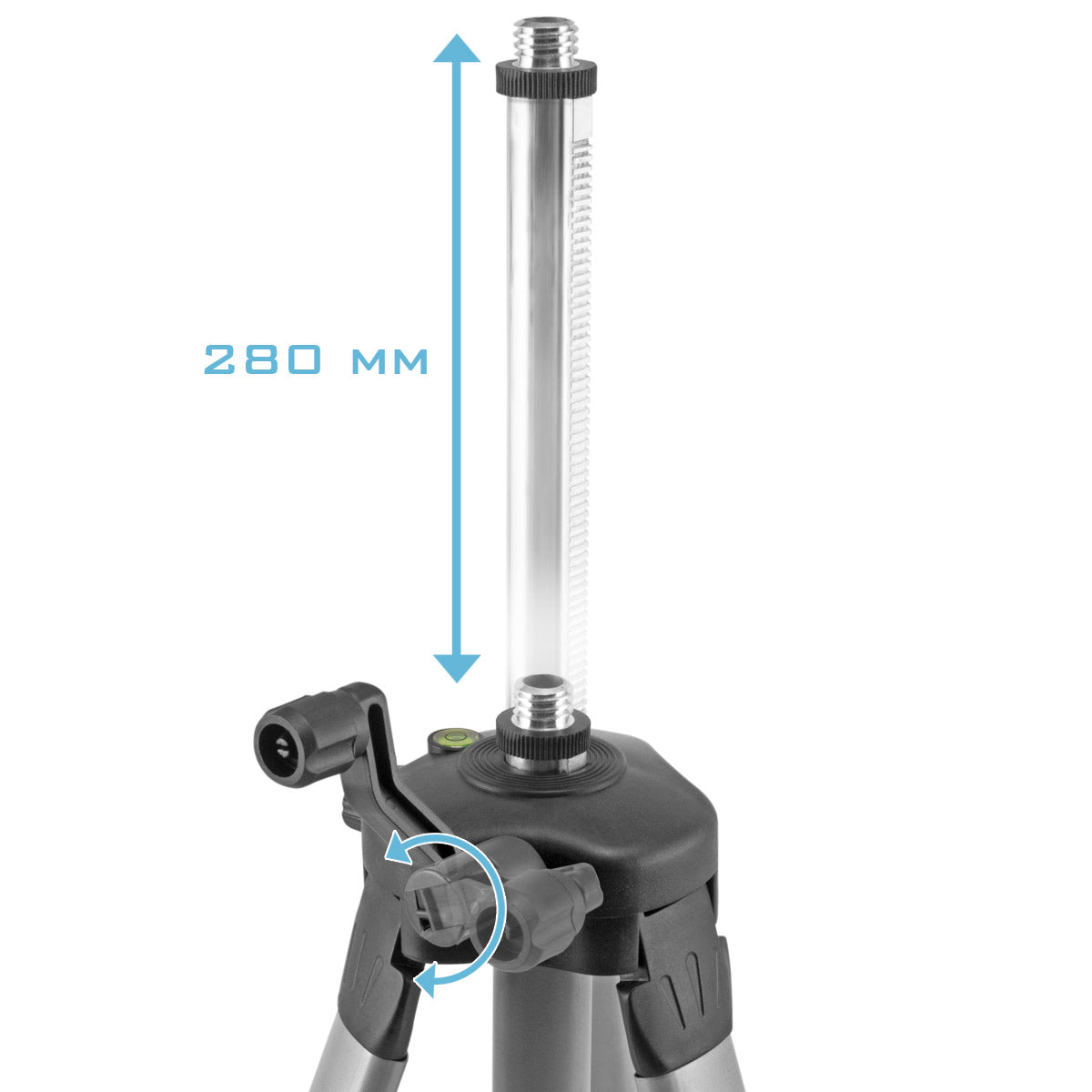 STAHLWERK Universal-Stativ für den STAHLWERK Kreuzlinienlaser KL-5 ST Teleskopstativ / Stativ / Dreibein-Stativ mit ausfahrbarer 280 mm Mittel-Säule, Kurbel und Nivellierlibelle