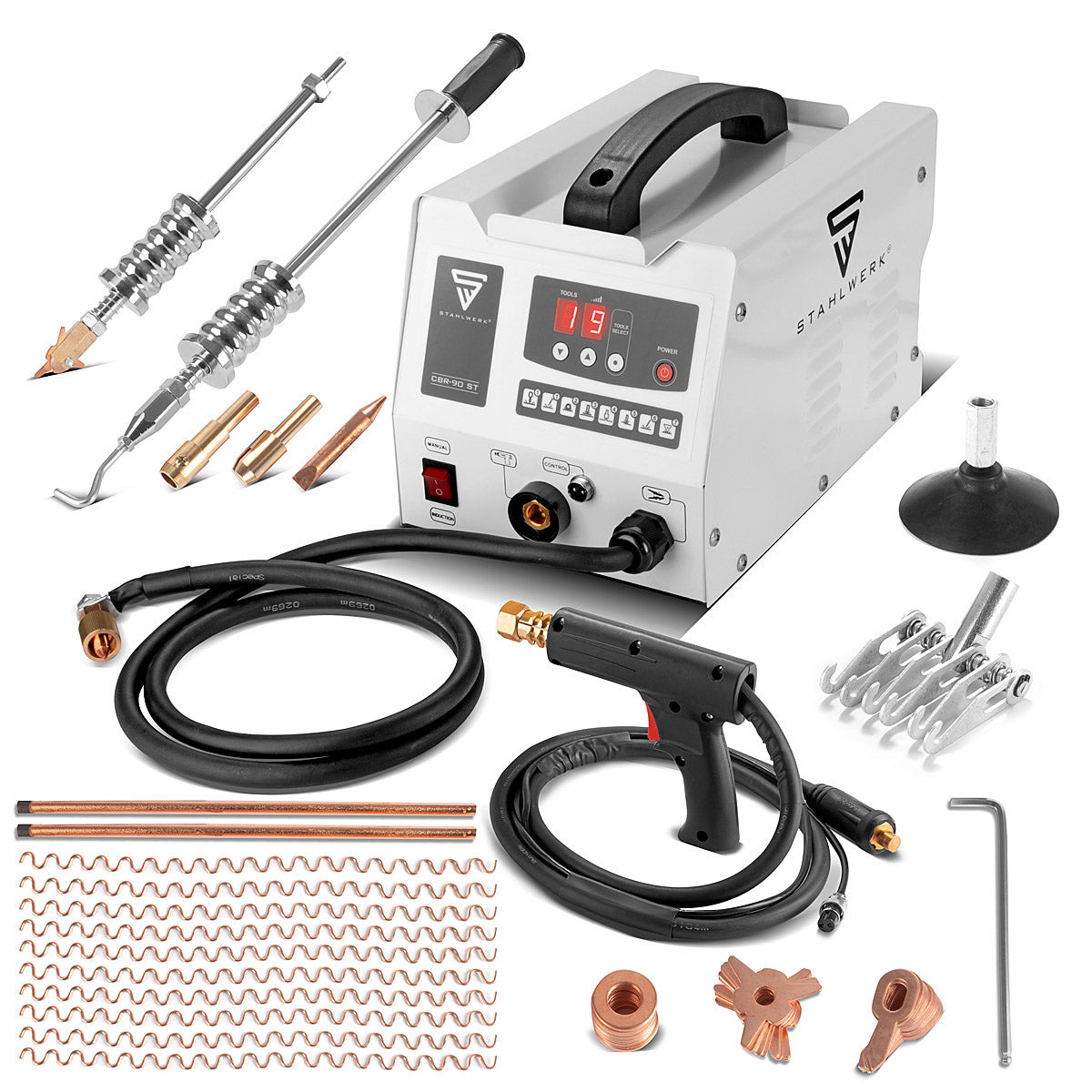 STAHLWERK Ausbeulspotter CBR-90 ST mit 3.000 W und 230 V Smart Repair Ausbeul-Set / Dellenlifter / Punktschweißgerät / Ausbeulwerkzeug / Schweißpistole zur professionellen Reparatur von Kfz Karosserien
