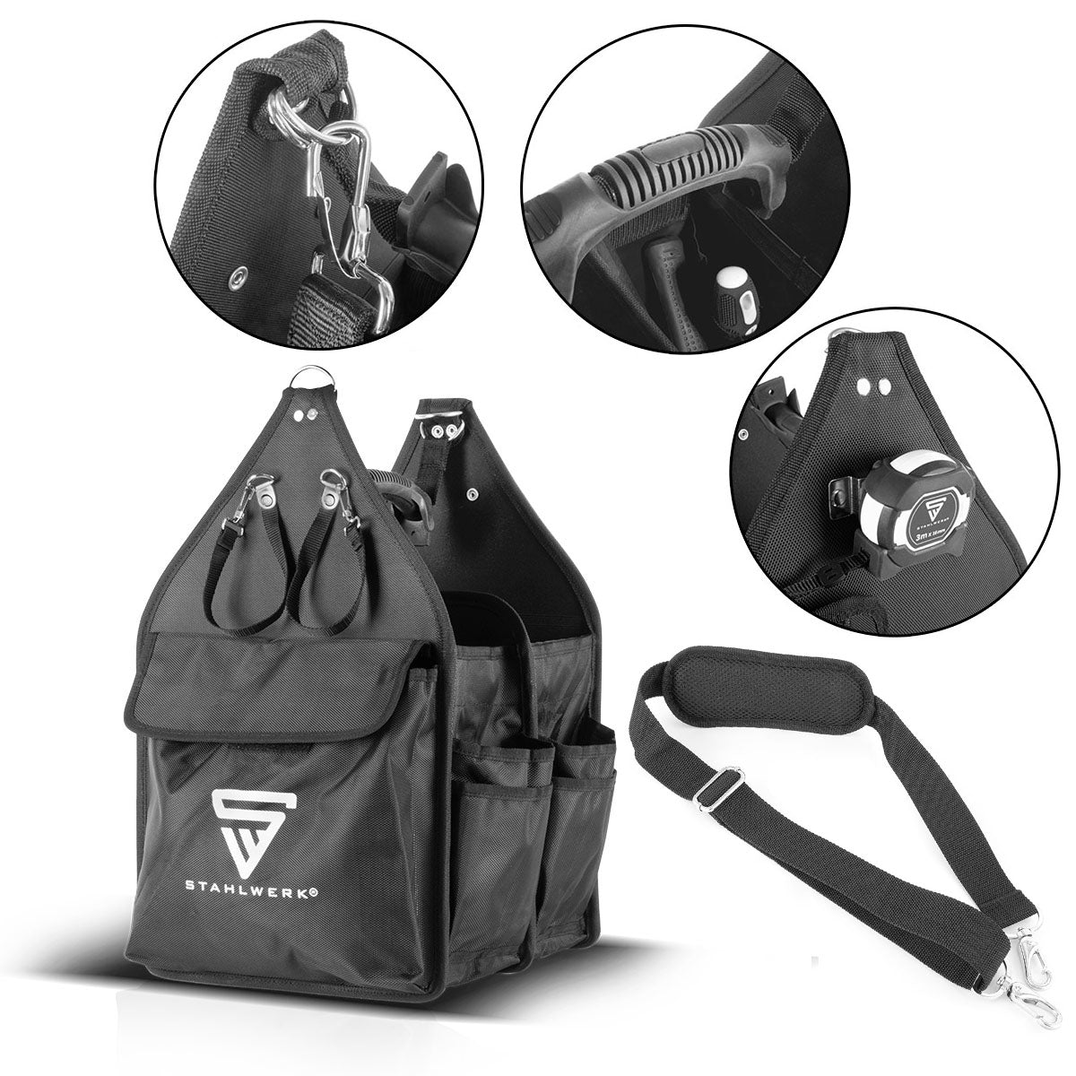 Borsa per utensili Stahlwerk con 11 tasche esterne e 2 grandi compartimenti interni con 5 tasche interne, robusto custodia per assemblaggio / borsa per utensili con manico e tracolla in tessuto durevole in poliestere