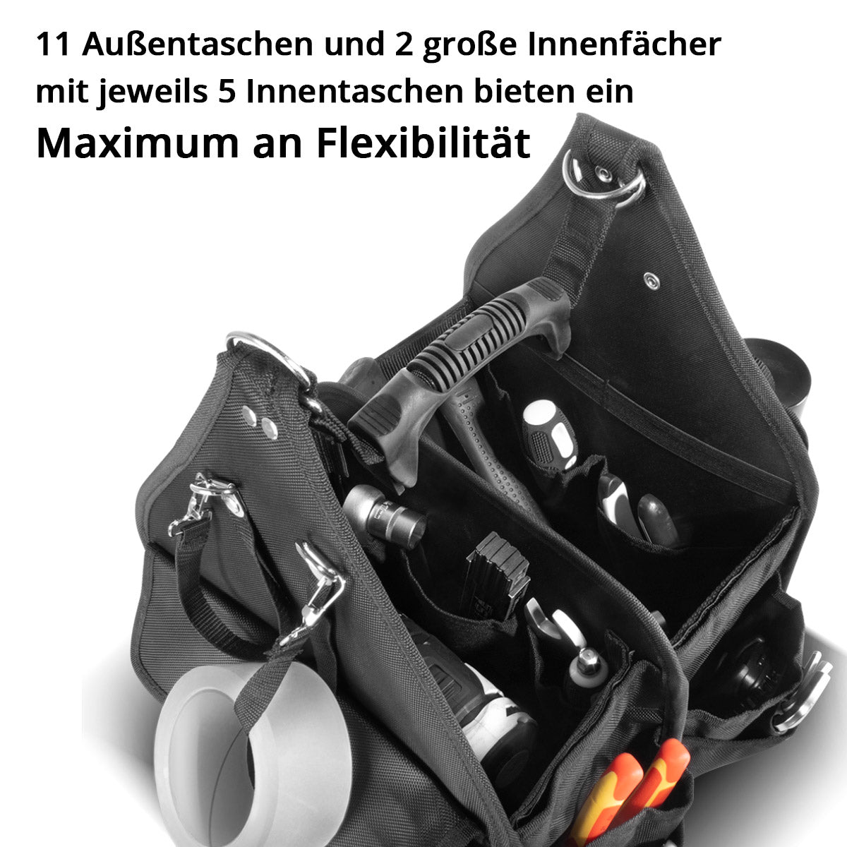 Borsa per utensili Stahlwerk con 11 tasche esterne e 2 grandi compartimenti interni con 5 tasche interne, robusto custodia per assemblaggio / borsa per utensili con manico e tracolla in tessuto durevole in poliestere