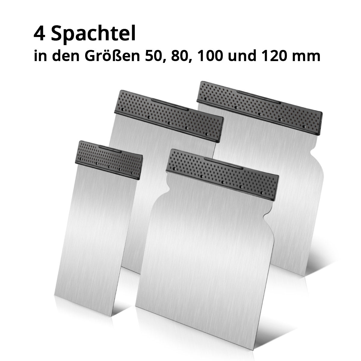 Spatel steelworks set Entipers de 4 piezas 50, 80, 100, 120 mm, relleno de área universal / relleno jap / espátula de pintura con cuchilla elástica y resistente a la rotura hecha de acero de banda de primavera