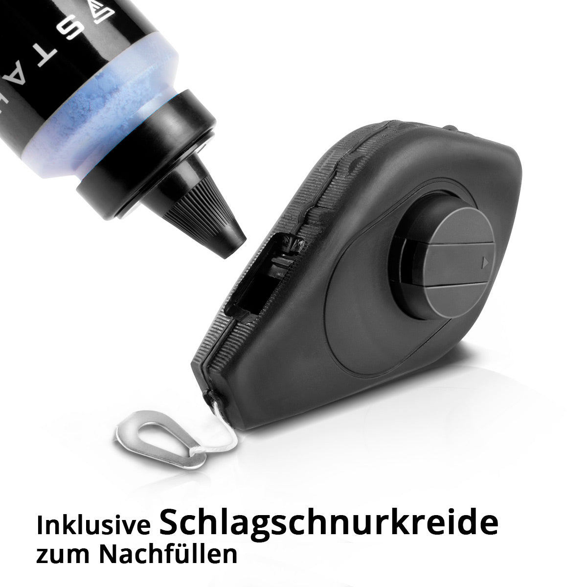 STAHLWERK Schlagschnur Set 15 m bestehend aus Markierungsschnur / Maurerschnur / Schlagschnurgerät mit schlagfestem Gehäuse, Wasserwaage und 113 g Schlagschnurkreide