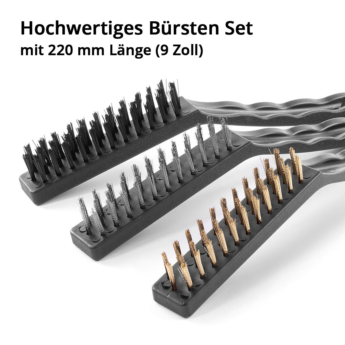 STAHLWERK Drahtbürsten Set 220 mm (9 Zoll) 3-teiliger Bürstensatz aus Messingbürste, Stahlbürste und Nylonbürste zum effektiven Reinigen von Oberflächen