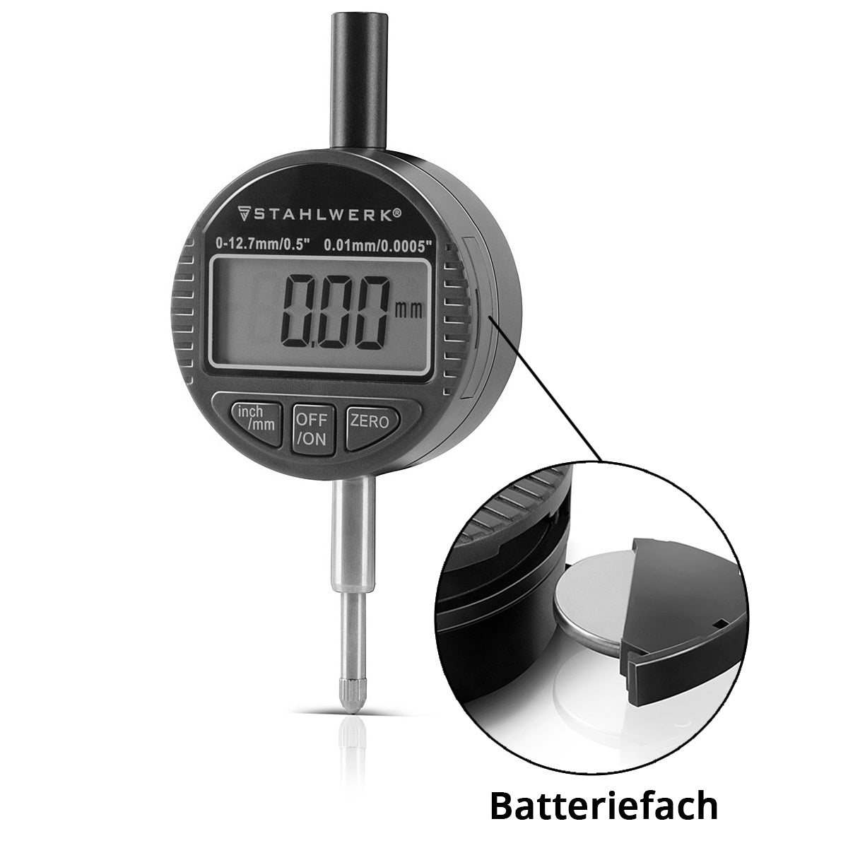 Steelworks Digital dial with 0-12.7 mm (0.5 ") measuring range, measuring button for precision measurements in millimeters and customs