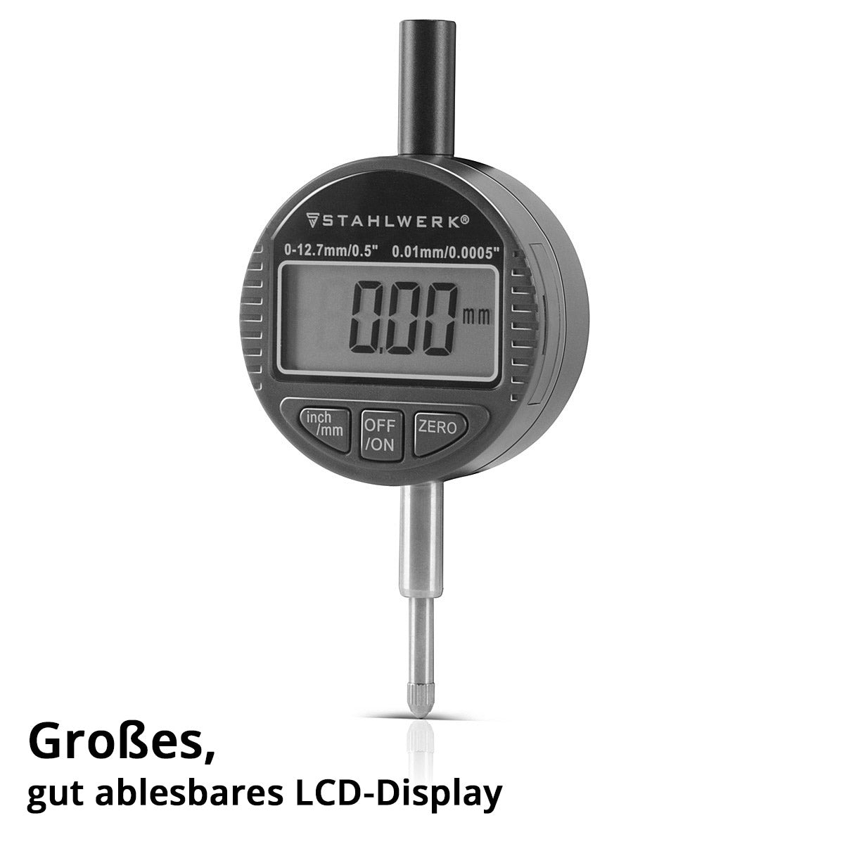 Steelworks Digital dial with 0-12.7 mm (0.5 ") measuring range, measuring button for precision measurements in millimeters and customs