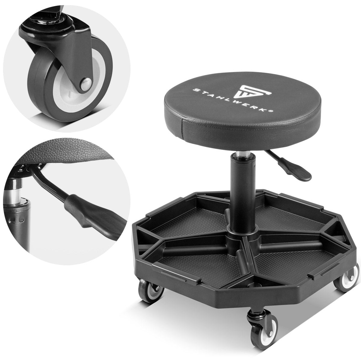 Steelworks height-adjustable workshop stool WRH-136 ST up to 136 kg resilient, 40-54 cm seat height, with four removable storage compartments, rolling seat / roller stool with ball-bearing light row rollers