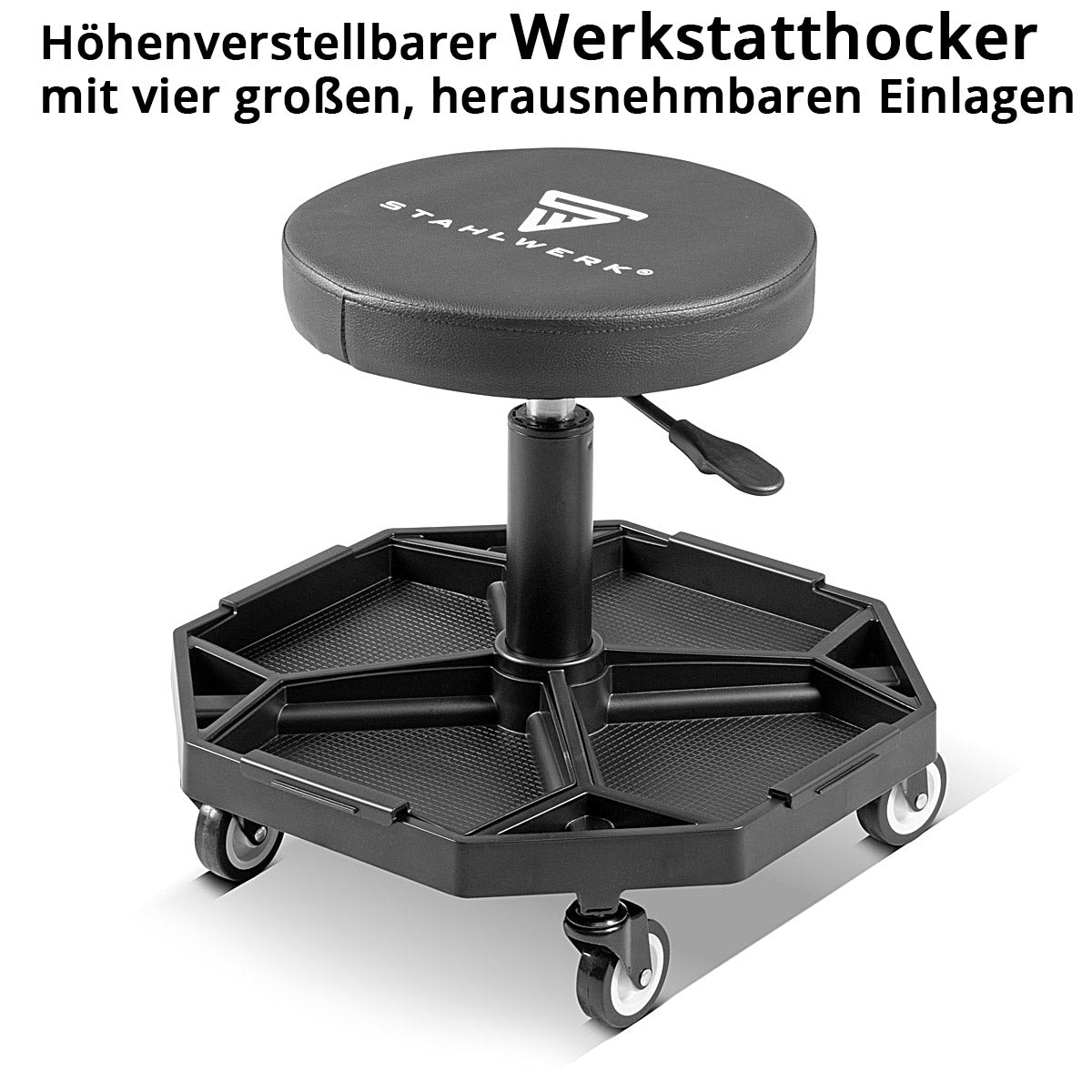 Steelworks height-adjustable workshop stool WRH-136 ST up to 136 kg resilient, 40-54 cm seat height, with four removable storage compartments, rolling seat / roller stool with ball-bearing light row rollers