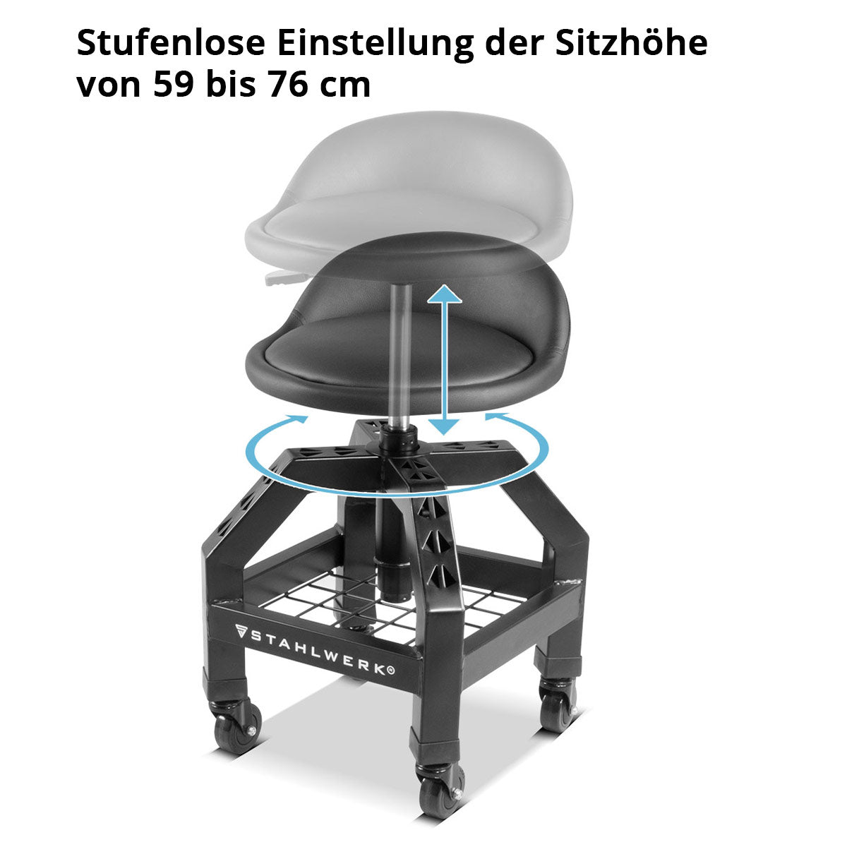 STAHLWERK Höhenverstellbarer Werkstatthocker VWH-300 ST mit großem Ablagefach, bis 136 kg belastbar, 59-76 cm Sitzhöhe, Rollsitz / Rollhocker mit kugelgelagerten Leichtlauf-Lenkrollen
