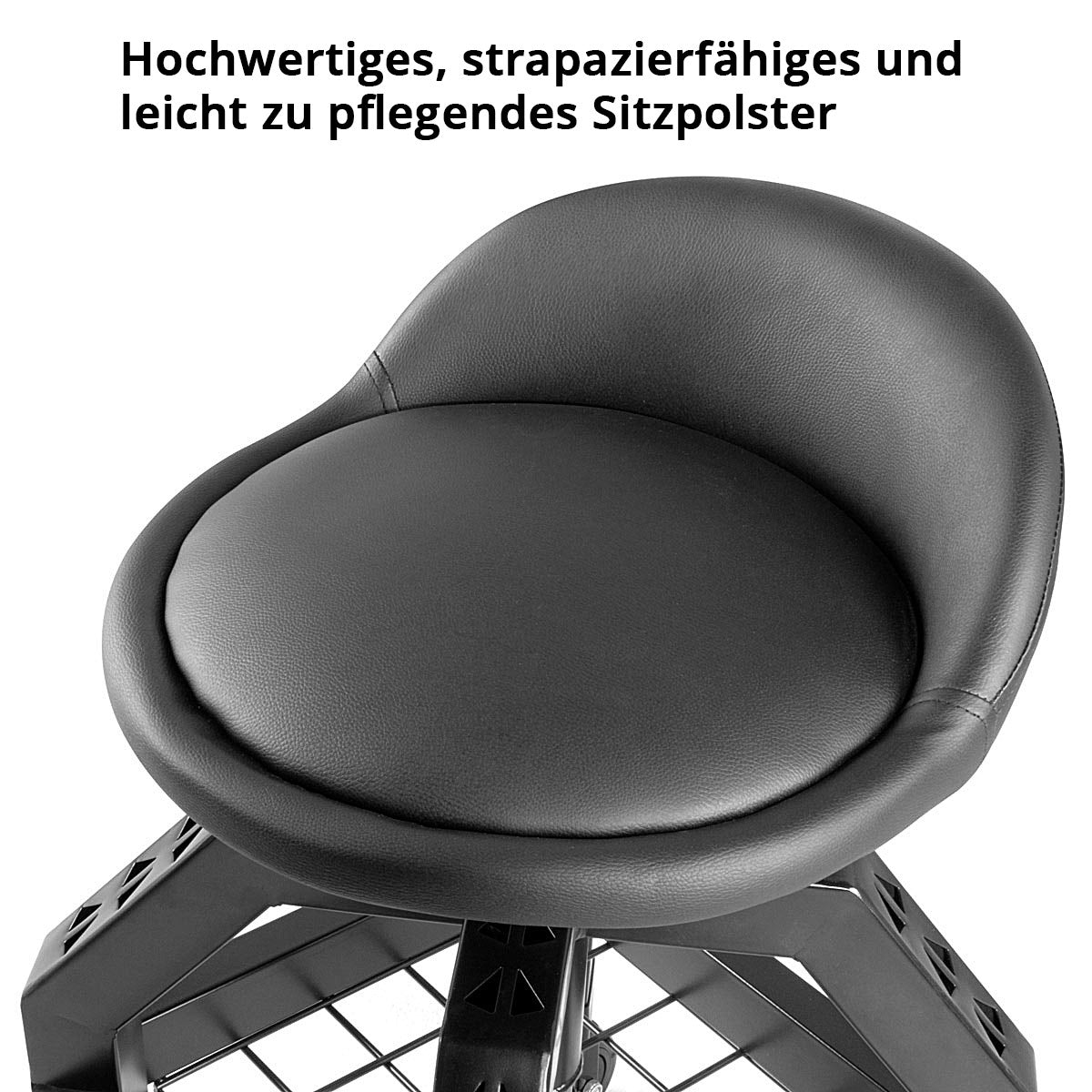 STAHLWERK Höhenverstellbarer Werkstatthocker VWH-300 ST mit großem Ablagefach, bis 136 kg belastbar, 59-76 cm Sitzhöhe, Rollsitz / Rollhocker mit kugelgelagerten Leichtlauf-Lenkrollen