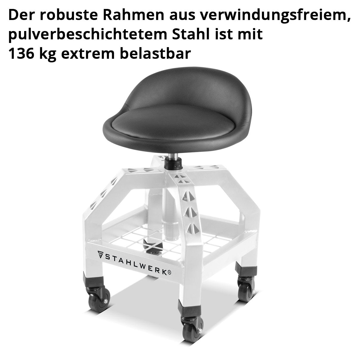 STAHLWERK Höhenverstellbarer Werkstatthocker VWH-300 ST mit großem Ablagefach, bis 136 kg belastbar, 59-76 cm Sitzhöhe, Rollsitz / Rollhocker mit kugelgelagerten Leichtlauf-Lenkrollen