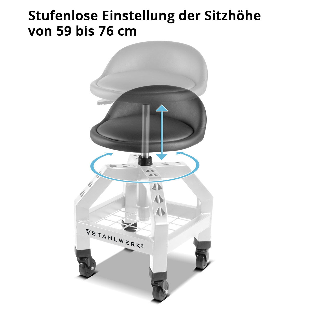 STAHLWERK Höhenverstellbarer Werkstatthocker VWH-300 ST mit großem Ablagefach, bis 136 kg belastbar, 59-76 cm Sitzhöhe, Rollsitz / Rollhocker mit kugelgelagerten Leichtlauf-Lenkrollen