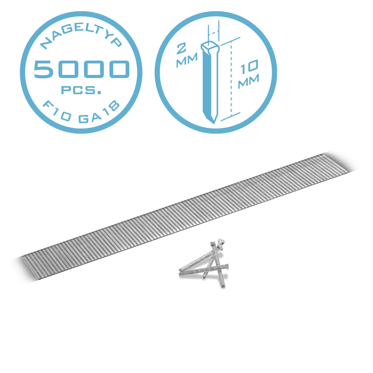 STAHLWERK Druckluft Nägel 10 mm Gauge 18 (1,25 x 1,05 mm) mit 2 mm Kopfbreite im 5000er Set Streifennägel | Tackernägel | Druckluft Stifte für Nagler, Nagelpistolen und Tacker 10 mm Gauge 18