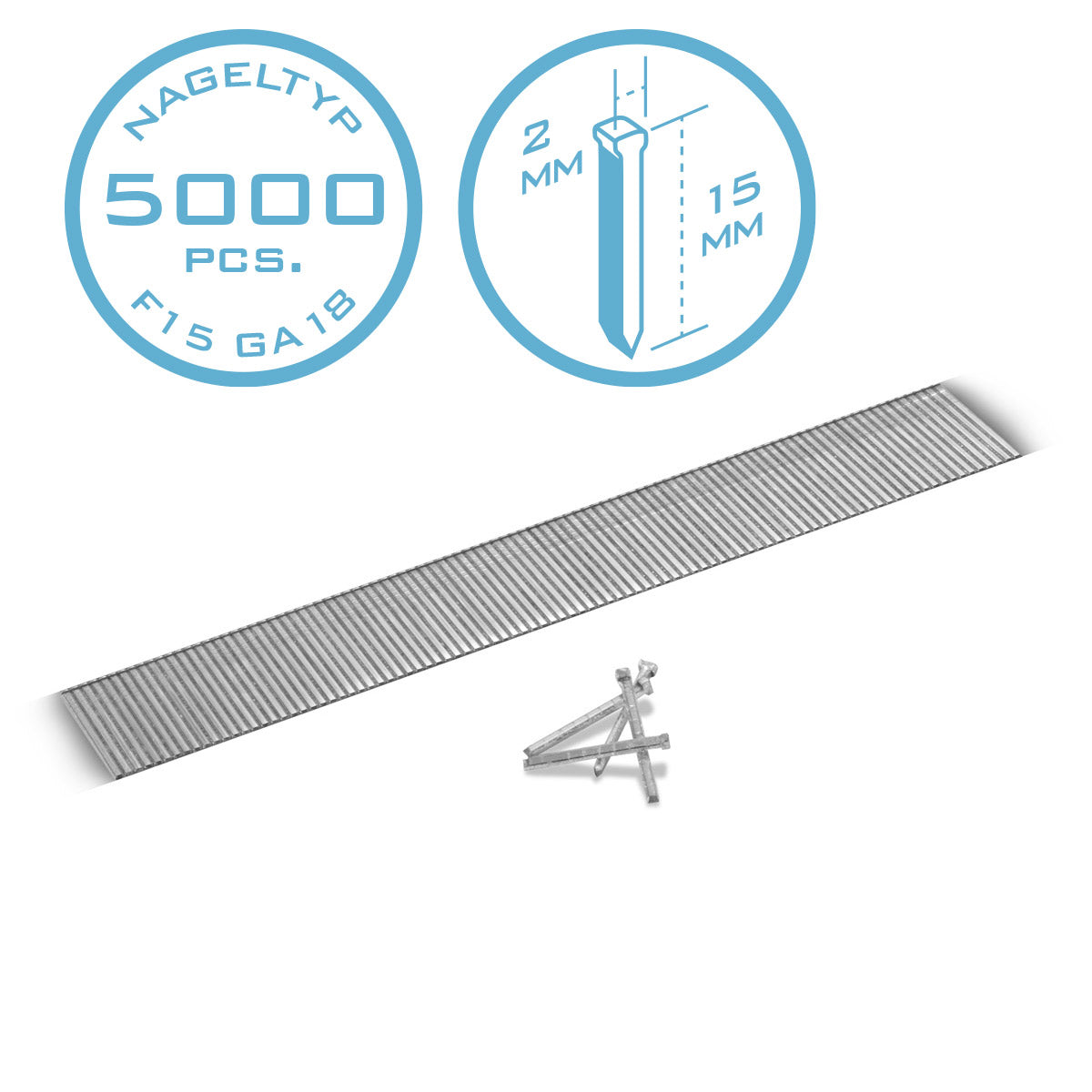 STAHLWERK Druckluft Nägel 15 mm Gauge 18 (1,25 x 1,05 mm) mit 2 mm Kopfbreite im 5000er Set Streifennägel | Tackernägel | Druckluft Stifte für Nagler, Nagelpistolen und Tacker