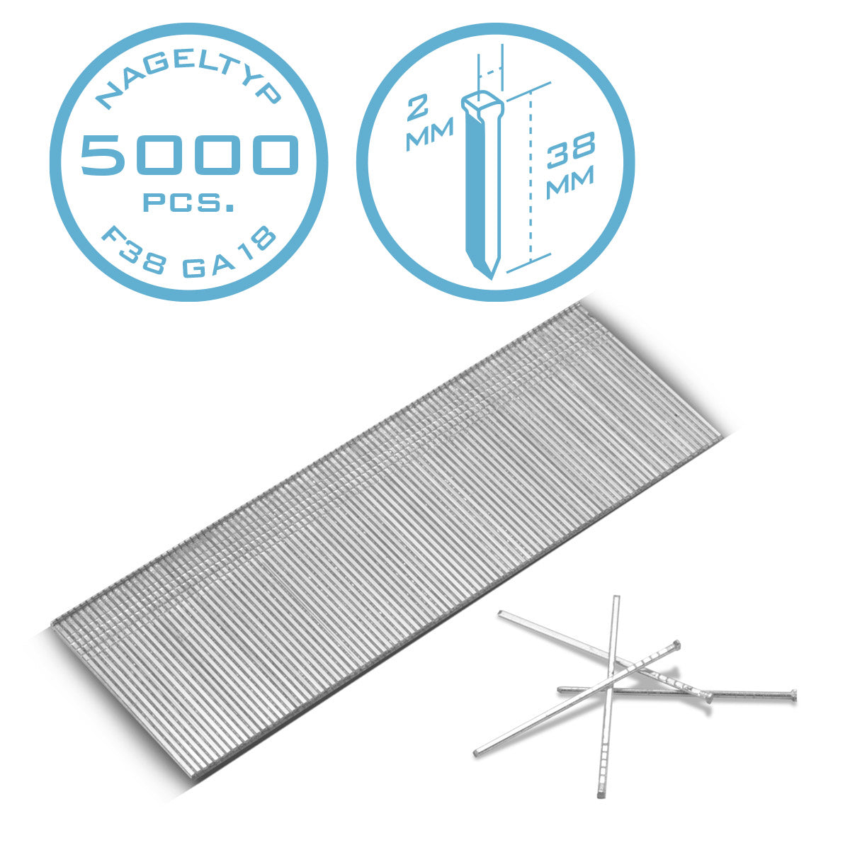 STAHLWERK Druckluft Nägel 38 mm Gauge 18 (1,25 x 1,05 mm) mit 2 mm Kopfbreite im 5000er Set Streifennägel | Tackernägel | Druckluft Stifte für Nagler, Nagelpistolen und Tacker