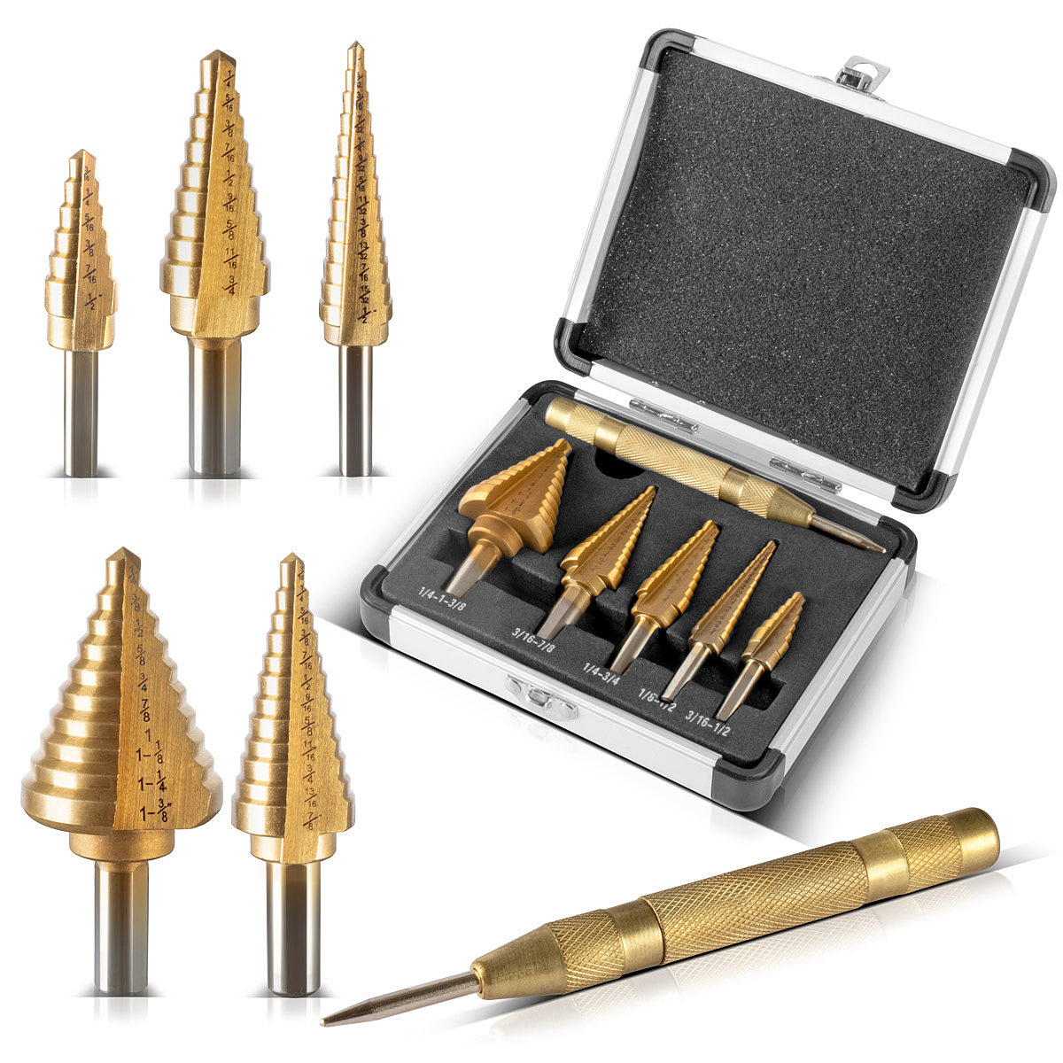 مجموعة مثقاب STAHLWERK HSS / مثقاب مخروطي 6 أجزاء مع طلاء TiN ومثقاب غاطس / مثقاب معدني للحفر الدقيق للفولاذ المخلوط وغير المخلوط بما في ذلك المثقاب المركزي الأوتوماتيكي وعلبة الألومنيوم