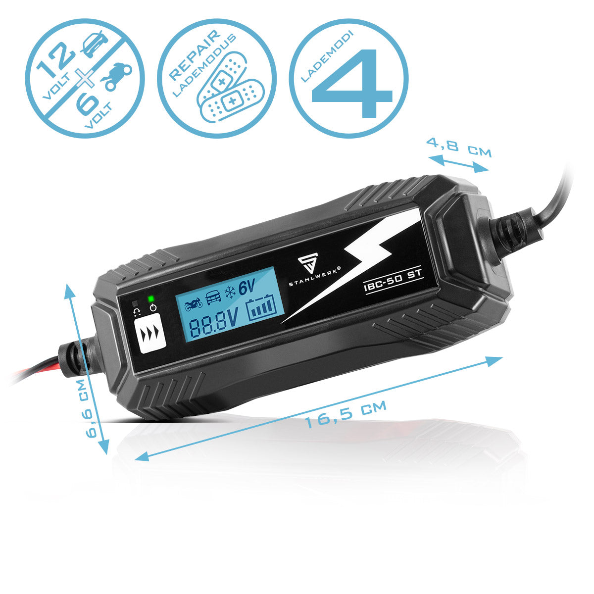 Steelworks Battery charger IBC-50 ST with microprocessor and 4 LADEDII for 6V/12V AGM, VRLA, MF, SLA and GEL batteries | Intelligent charger for car and motorcycle