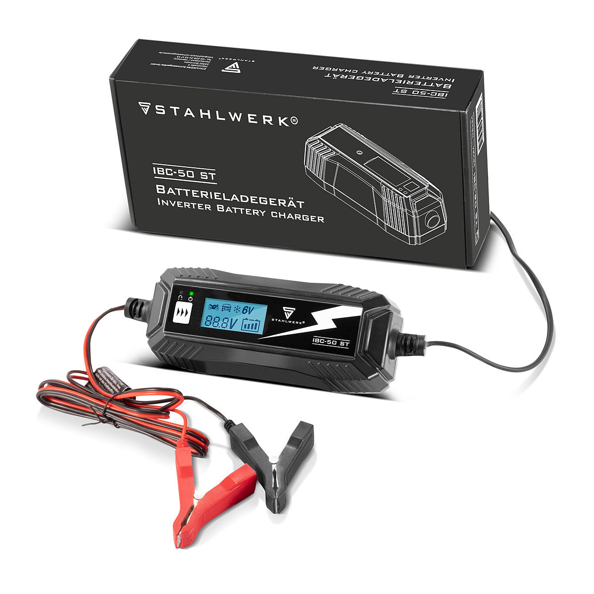 Steelworks Battery charger IBC-50 ST with microprocessor and 4 LADEDII for 6V/12V AGM, VRLA, MF, SLA and GEL batteries | Intelligent charger for car and motorcycle