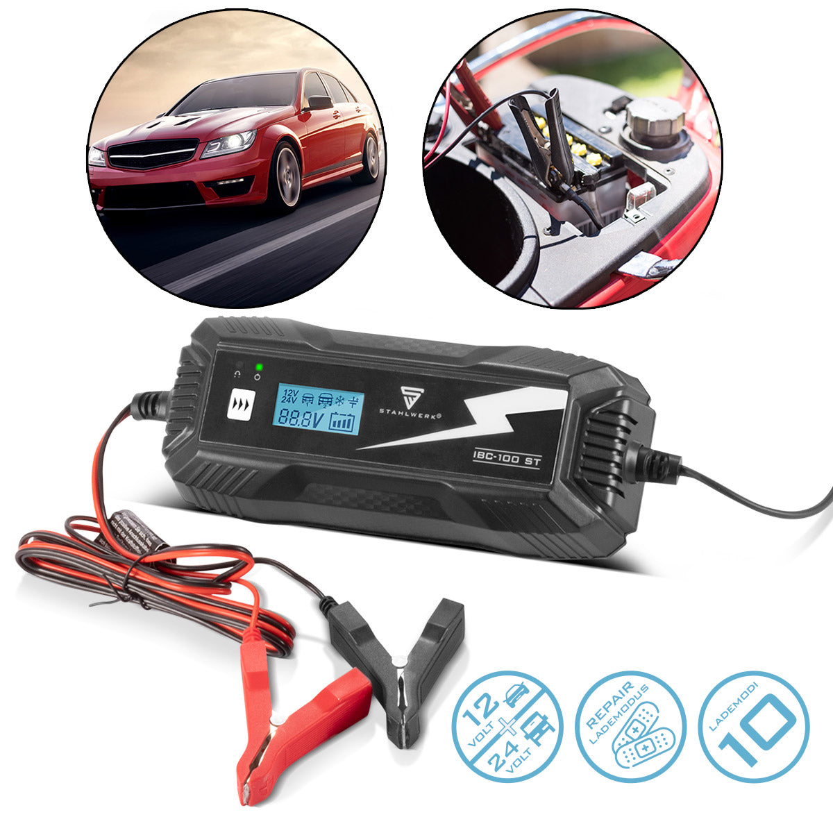 Caricatore della batteria in acciaio IBC-100 ST con microprocessore e 10 ladEdii per 12 V/24 V AGM, VRLA, MF, SLA e Gel Batterie | Caricatore intelligente per auto e moto