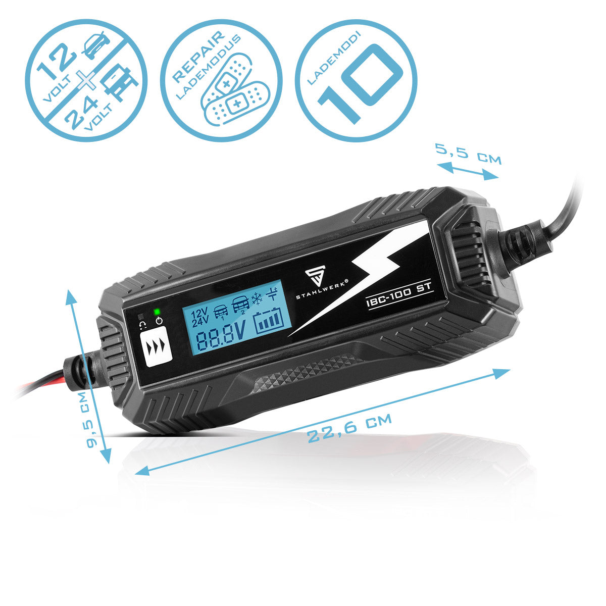 Caricatore della batteria in acciaio IBC-100 ST con microprocessore e 10 ladEdii per 12 V/24 V AGM, VRLA, MF, SLA e Gel Batterie | Caricatore intelligente per auto e moto