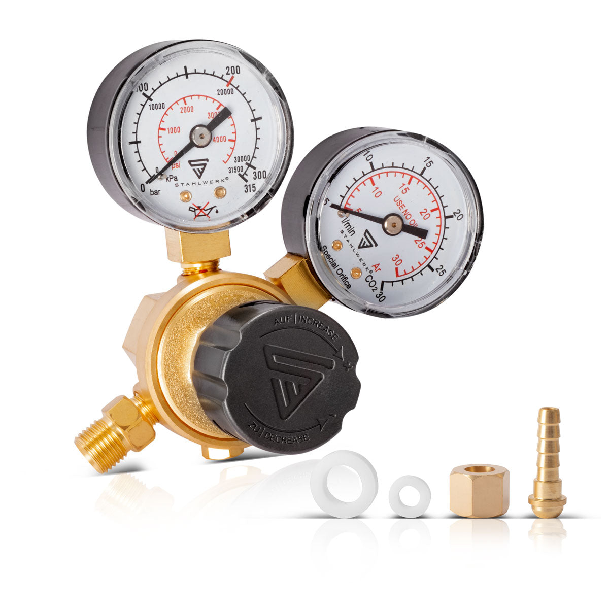 STAHLWERK Druckminderer ST-215 nach DIN-Norm EN ISO 2503 Druckregler bis 200 bar aus hochwertigem Messing für Argon | CO2 | Mix 18 | Mischgas | Schutzgas für WIG und MIG MAG Schweißgeräte