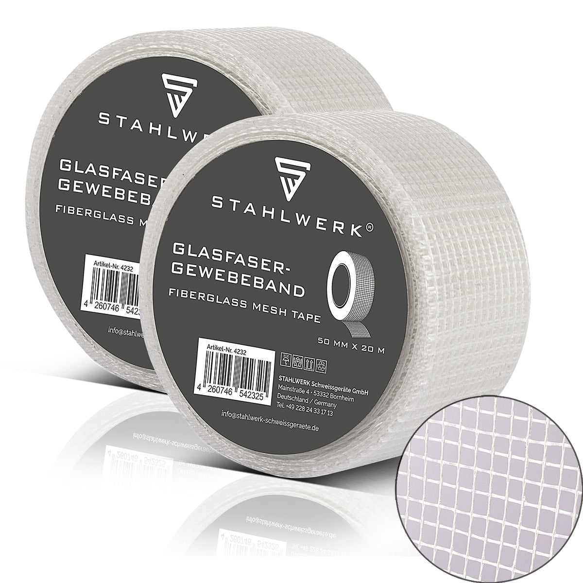 Nastro tessuto in fibra di vetro in vetro in vetro 2 set 20 m x 50 mm, nastro articolare a secco autoadesivo / striscia di angolo di merluzzo / striscia di rinforzo con struttura a griglia per lavoro di riempimento