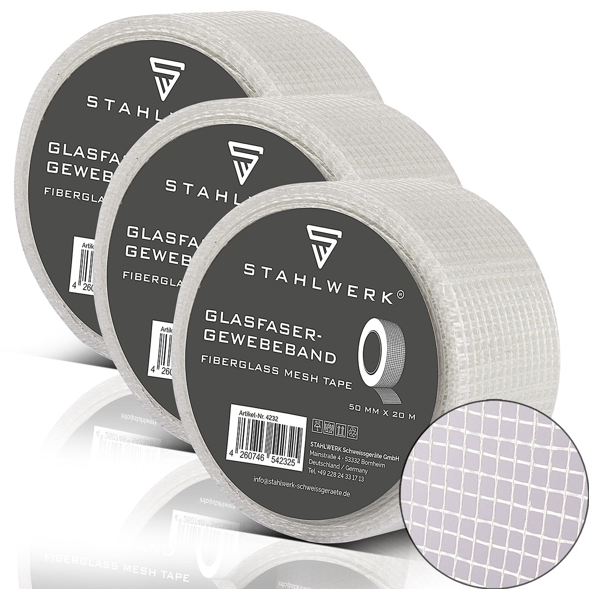 Nastro tessuto in fibra di vetro in vetro in vetro 3 set 20 m x 50 mm, nastro articolare a secco autoadesivo / striscia di angolo di merluzzo / striscia di rinforzo con struttura a griglia per lavoro di riempimento