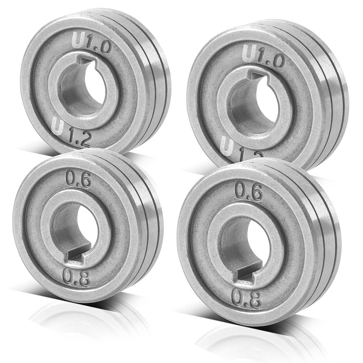 STAHLWERK 4er Set Drahtführungsrolle / Drahtvorschubrolle mit 0,6 / 0,8 mm V-Profil und 1,0 / 1,2 mm U-Profil zum Schweißen von Aluminium, Fülldraht und Massivdraht mit MIG MAG Schweißgeräten