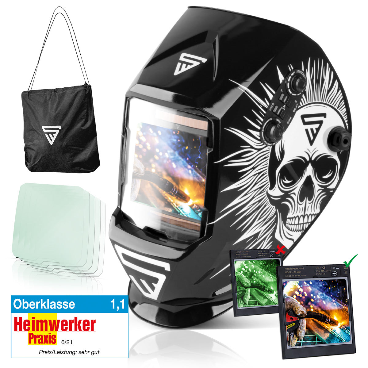 STAHLWERK 3 in 1 Automatik Schweisshelm ST-990 SE "Sonderedition Skull" Real Colour Helm | Schweißschirm | Schweißmaske | Schweißschild zum professionellen Schweißen, Schneiden und Schleifen