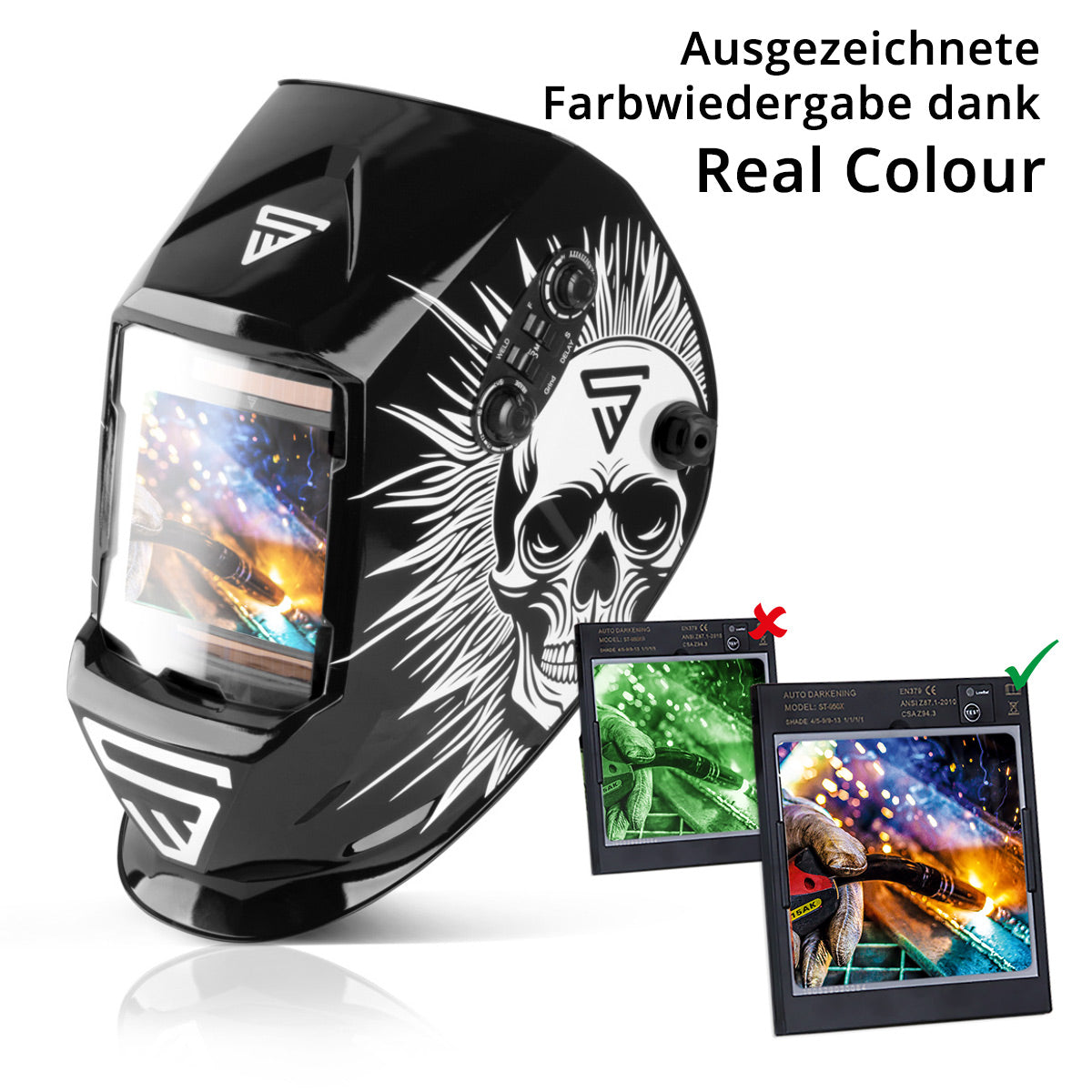 STAHLWERK 3 in 1 Automatik Schweisshelm ST-990 SE "Sonderedition Skull" Real Colour Helm | Schweißschirm | Schweißmaske | Schweißschild zum professionellen Schweißen, Schneiden und Schleifen
