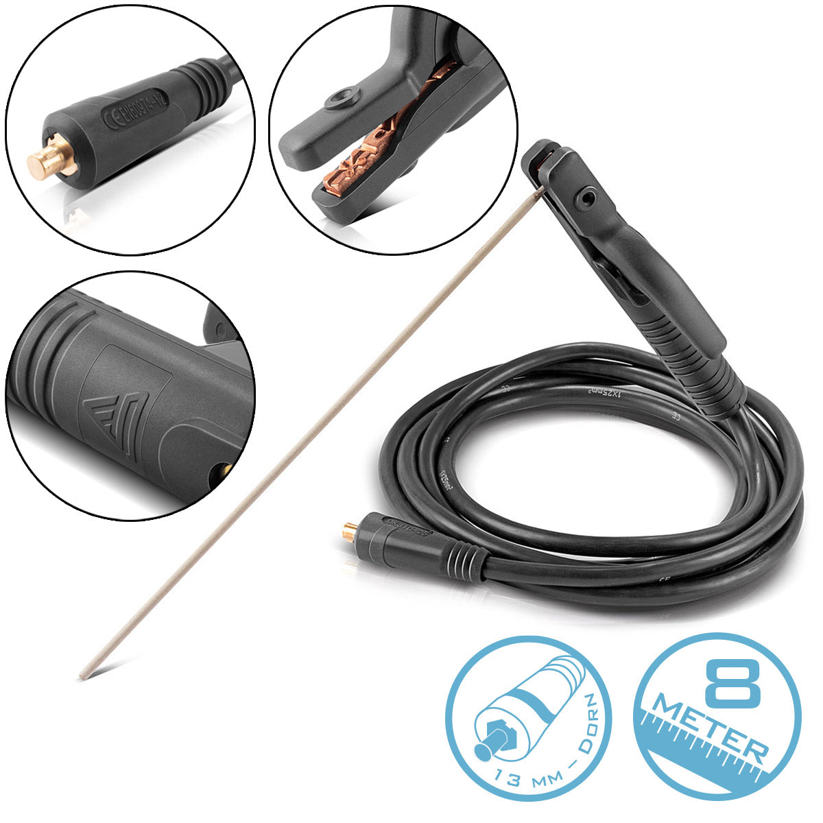 Steelworks MMA | Soporte de electrodo ARC hasta 200 A Alicates de soldadura | Alicates de electrodo | Subgadora de electrodos para dispositivos de soldadura que incluyen un cable de soldadura de 8 M con enchufe de 25 mm² y 13 mm