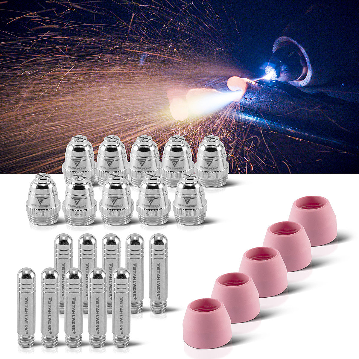 STAHLWERK AG-60 Plasmazubehör Set 25-teilig, Verschleißteile Plasmadüsen + Elektroden + Keramikkappen für AG-60 / SG-55 CUT Plasmaschneider-Brenner