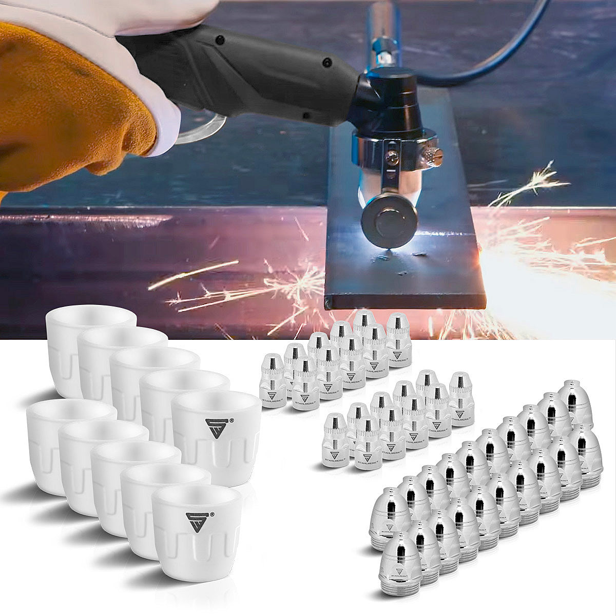 Stahlwerk P-80 Plasma Accessoires Ensemble 50 pièces, pièces d'usure, Plasma Suffs + électrodes + Caps en céramique pour brûleur de coupe en plasma coupé P-80