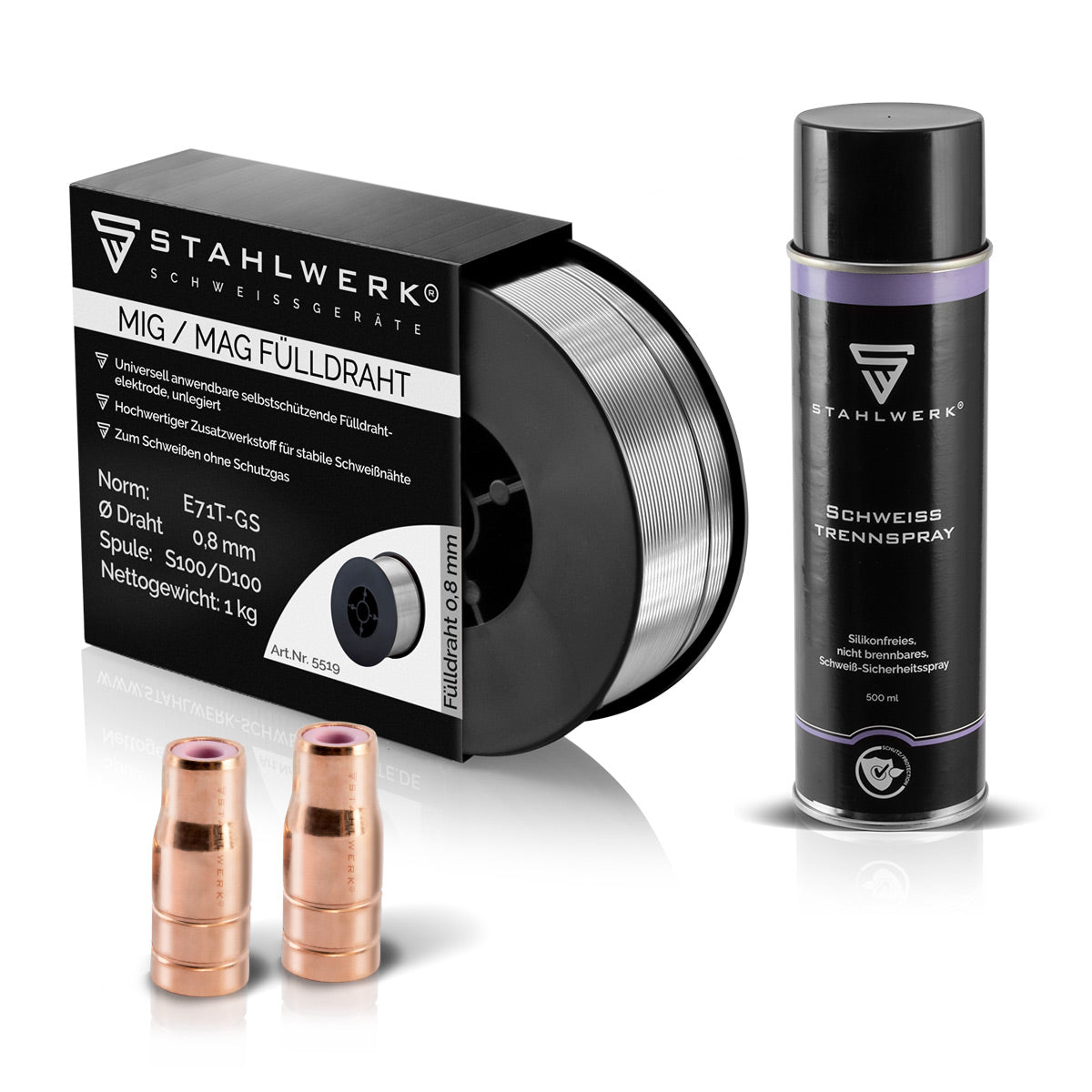 STAHLWERK Verschleißteile Set Fülldrahtdüse 2er Pack + Fülldraht 1 kg 0,8 mm + STAHLWERK Schweiß-Trennspray