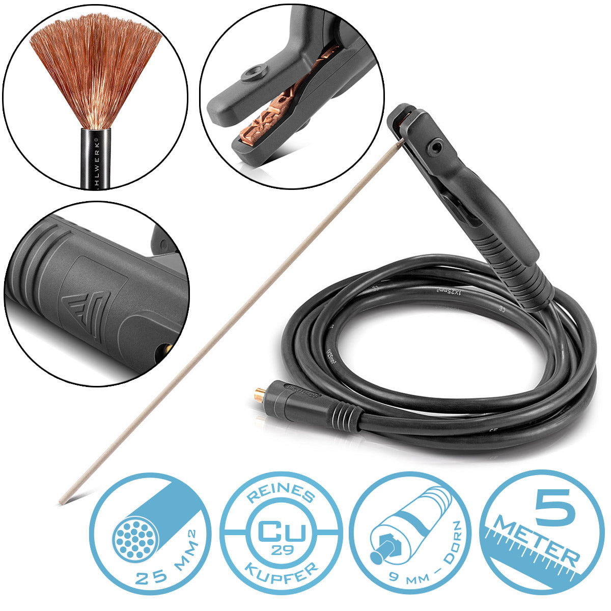 Steelworks MMA | Soporte de electrodo ARC hasta 200 A Alicates de soldadura | Alicates de electrodo | Cuesta de electrodo para dispositivos de soldadura que incluyen un cable de soldadura de 5 m hecho de cobre puro con 25 mm² y enchufe de 9 mm