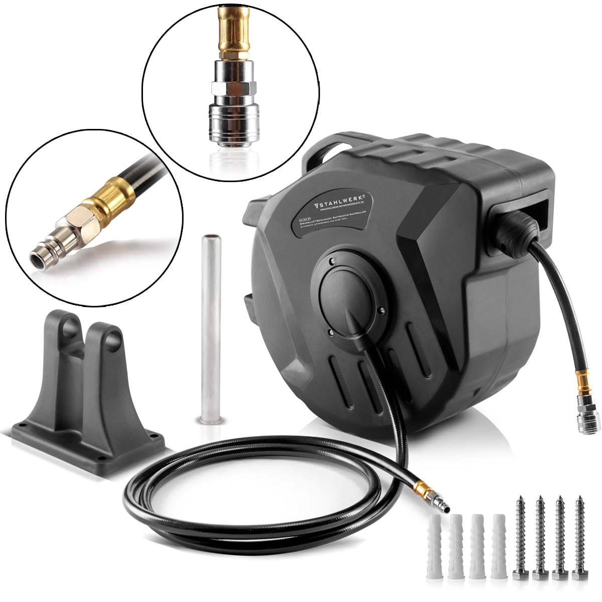 Steelworks Drum del tubo dell'aria compresso 20+2 m con roll-up automatico fino a 18 bar, accoppiamento rapido standard (dimensione nominale 7,2 mm) Funzione a scatto, robusto alloggiamento in plastica incluso set di montaggio a parete