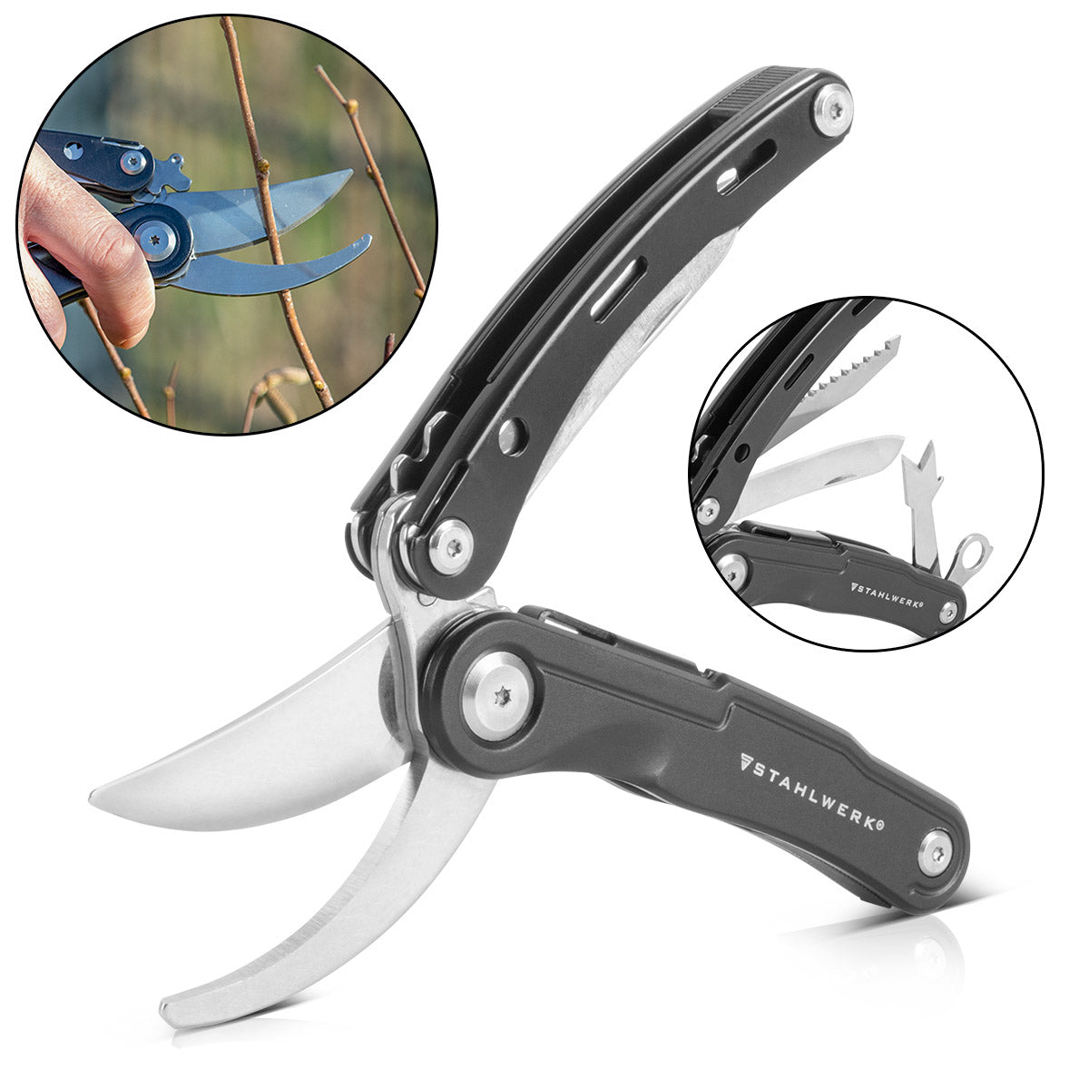 STAHLWERK Multitool mit 5 Werkzeugen, hochwertiges Taschenmesser / Klappmesser/ Multifunktionswerkzeug mit Gartenschere, Säge, Messer, Wurzelstecher und Öse