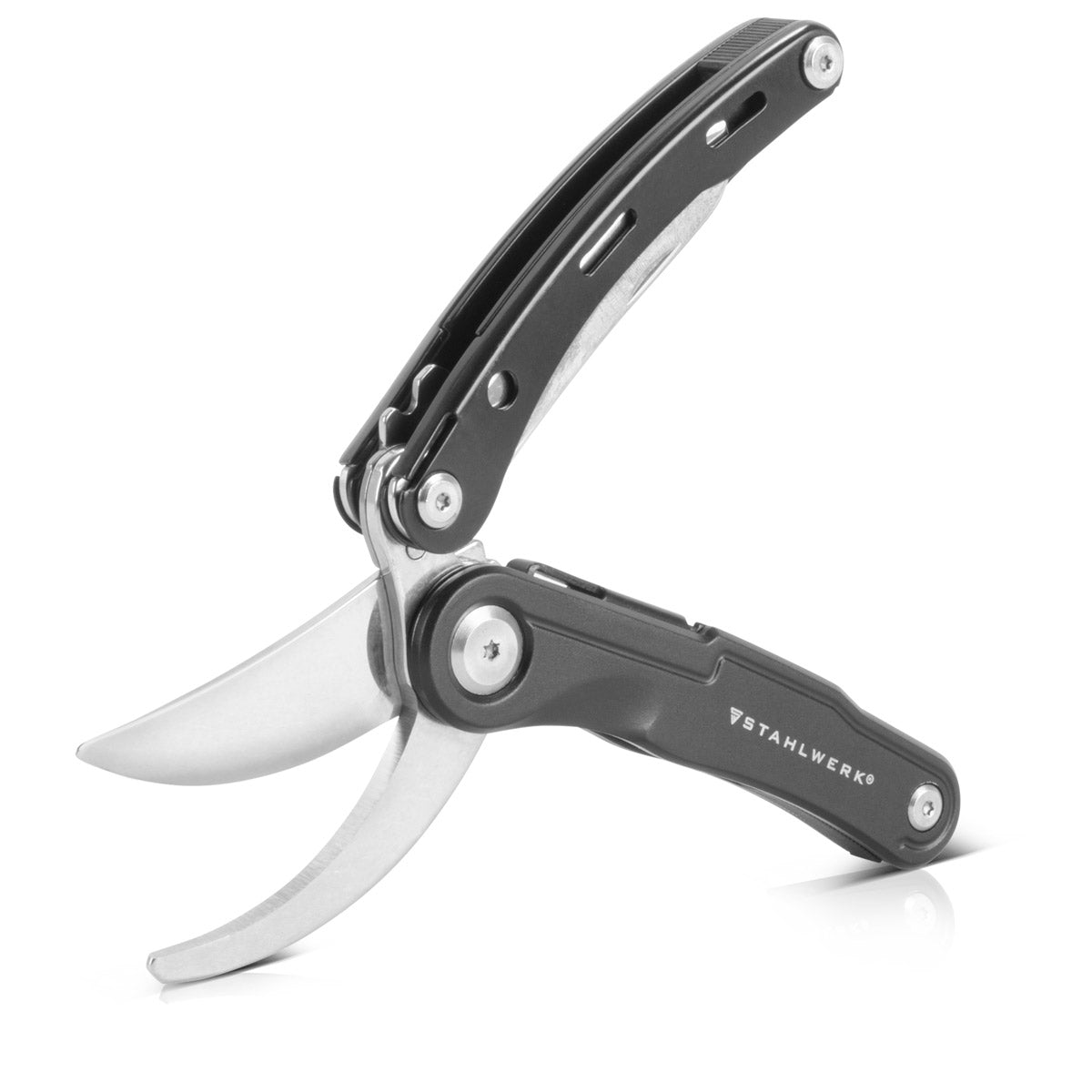 STAHLWERK Multitool mit 5 Werkzeugen, hochwertiges Taschenmesser / Klappmesser/ Multifunktionswerkzeug mit Gartenschere, Säge, Messer, Wurzelstecher und Öse