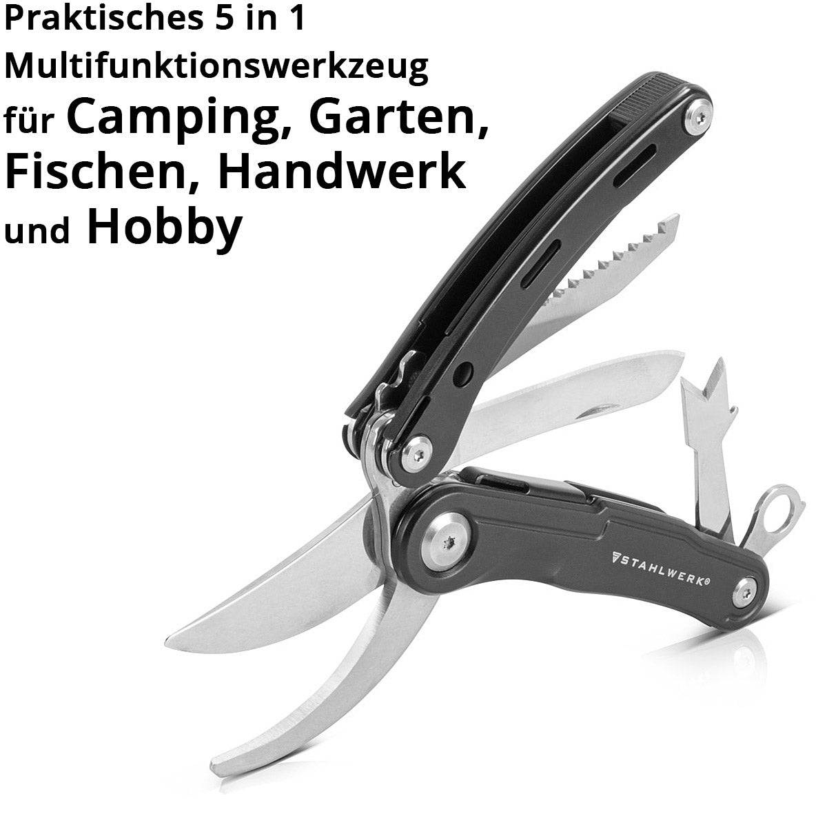 STAHLWERK Multitool mit 5 Werkzeugen, hochwertiges Taschenmesser / Klappmesser/ Multifunktionswerkzeug mit Gartenschere, Säge, Messer, Wurzelstecher und Öse
