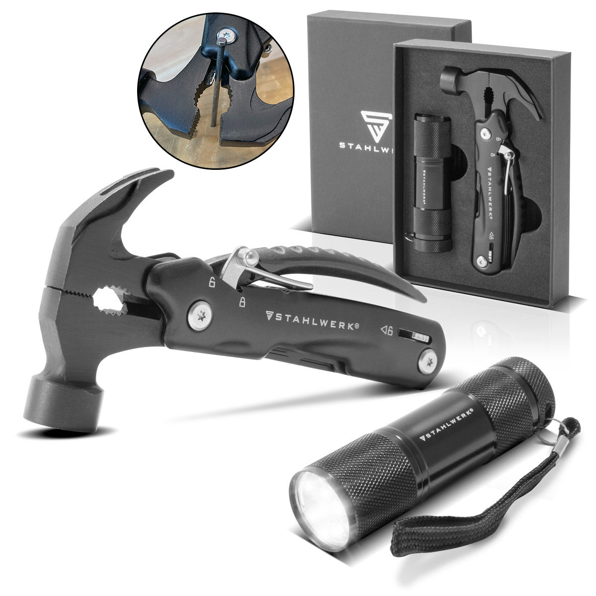 Steelwork Multi -Tool con 12 herramientas, navaja de bolsillo de alta calidad / cuchillo plegable / herramienta multifuncional con martillo, cuchillo, sierra, archivo, combinación, destornillador, etc., incluida la linterna LED