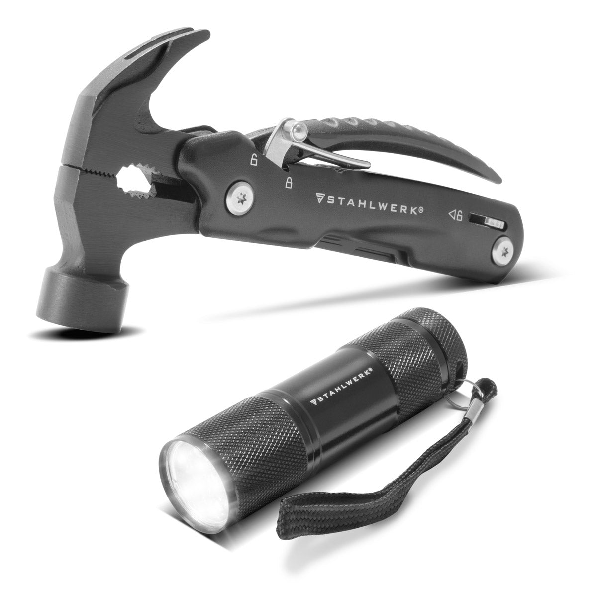 Steelwork Multi -Tool con 12 herramientas, navaja de bolsillo de alta calidad / cuchillo plegable / herramienta multifuncional con martillo, cuchillo, sierra, archivo, combinación, destornillador, etc., incluida la linterna LED