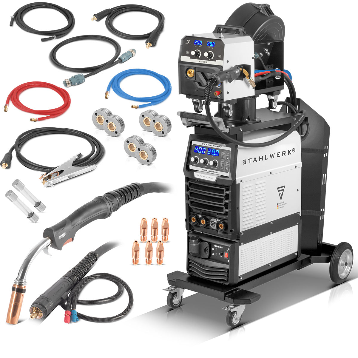 STAHLWERK Schweißgerät MIG MAG 400 Pro Vollsynergischer, wassergekühlter IGBT Inverter mit 400 A und Puls-Funktion 3-in-1 Kombi-Schweißanlage MIG MAG | MMA | Lift-TIG