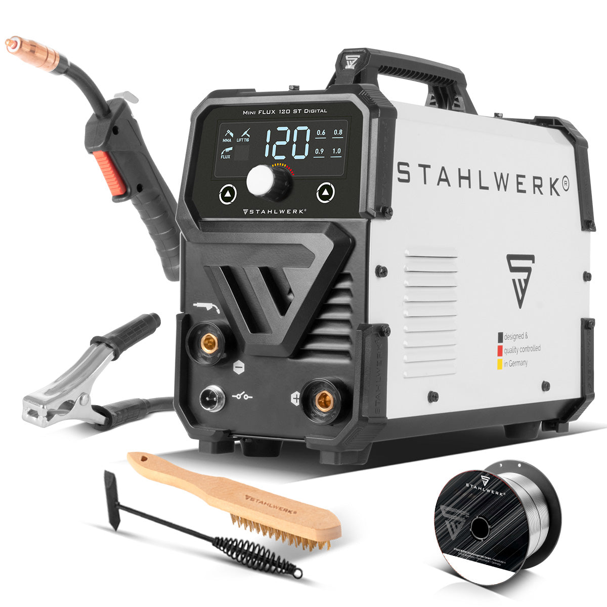 Steelworks welding machine Mini Flux 120 ST Digital | 120 AMPERE | Synergian wire feed | Suitable for lift Fill wire welding | ARC/MMA function for simple welding without protective gas with a filling wire