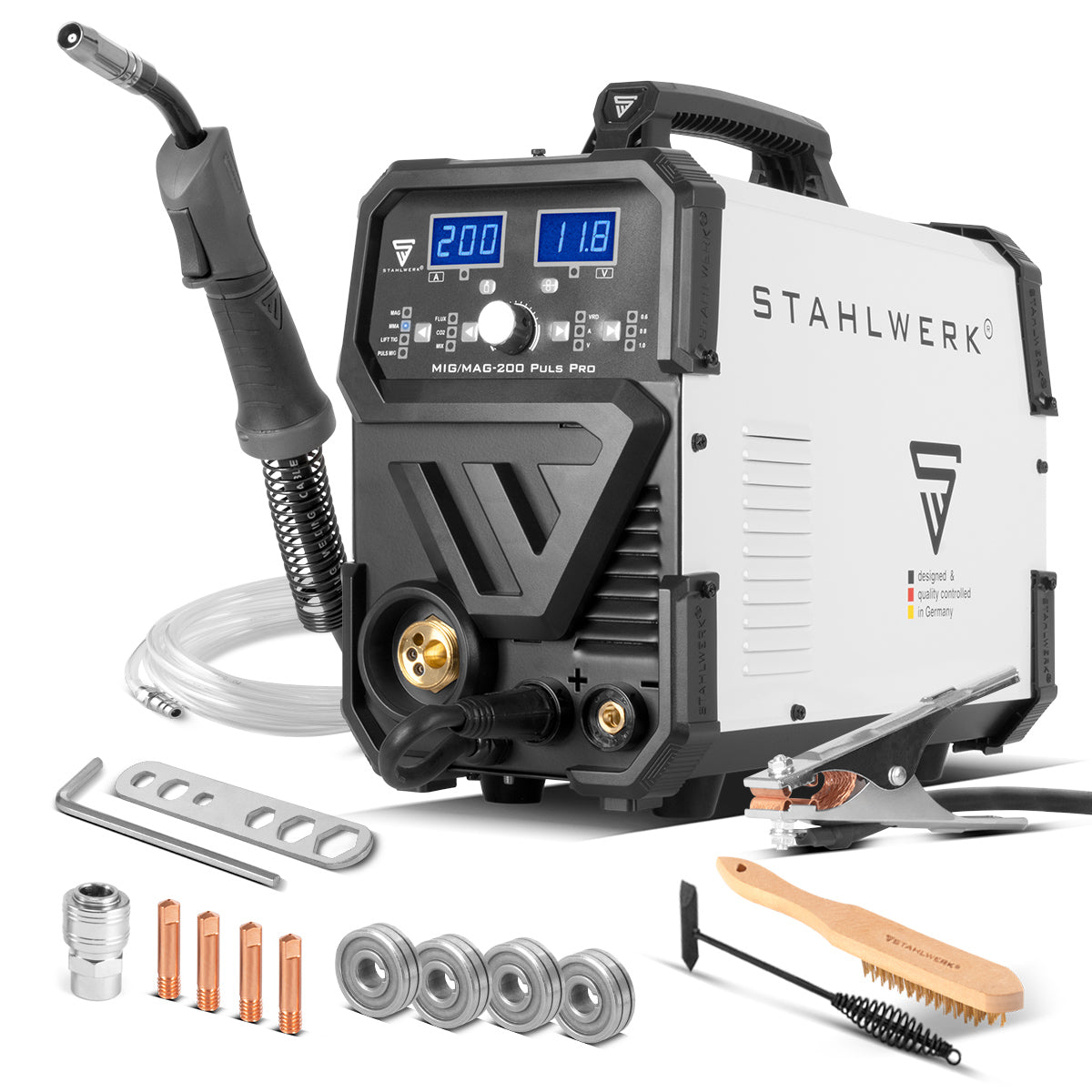STAHLWERK MIG MAG 200 Puls Pro Schutzgas Schweißgerät Vollsynergisches 5 in 1 Kombigerät mit echten 200 A und 4 Rollen Antrieb, Fülldraht, MIG MAG, ARC MMA, Lift TIG, MIG Puls für Alu Schweißen