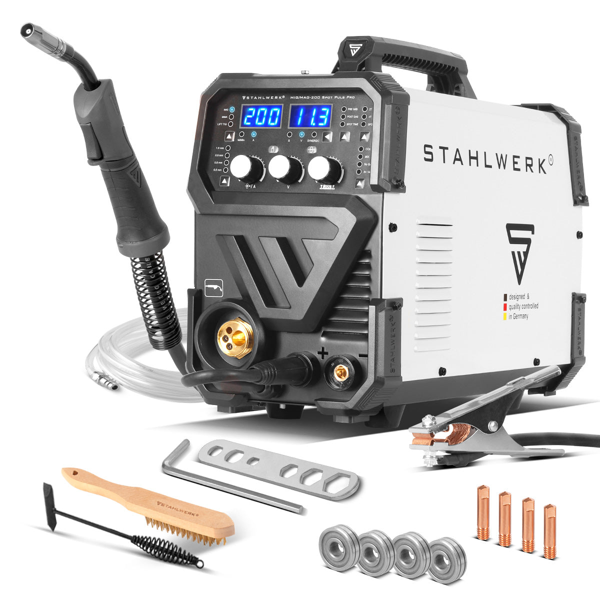 Stahlwerk Mig Mag 200 Spot Puls Pro, onduleur IGBT entièrement synergie, 5 sur 1 dispositif de combinaison avec fonction ponctuelle et 200 ampères, aluminium | Remplissez le fil | Mig mag | Arc mma | Lift tig | impulsion