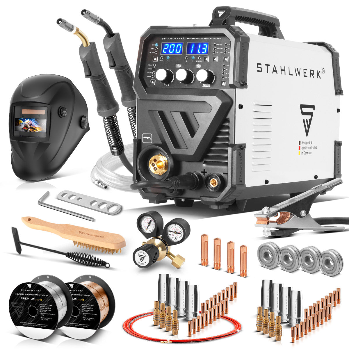 STAHLWERK Schweißgerät MIG MAG 200 Spot Puls Pro Vollausstattung, Vollsynergischer IGBT Inverter, 5 in 1 Kombigerät mit Spotfunktion und 200 Ampere, Alu | Fülldraht | MIG MAG | ARC MMA | Lift TIG | Puls