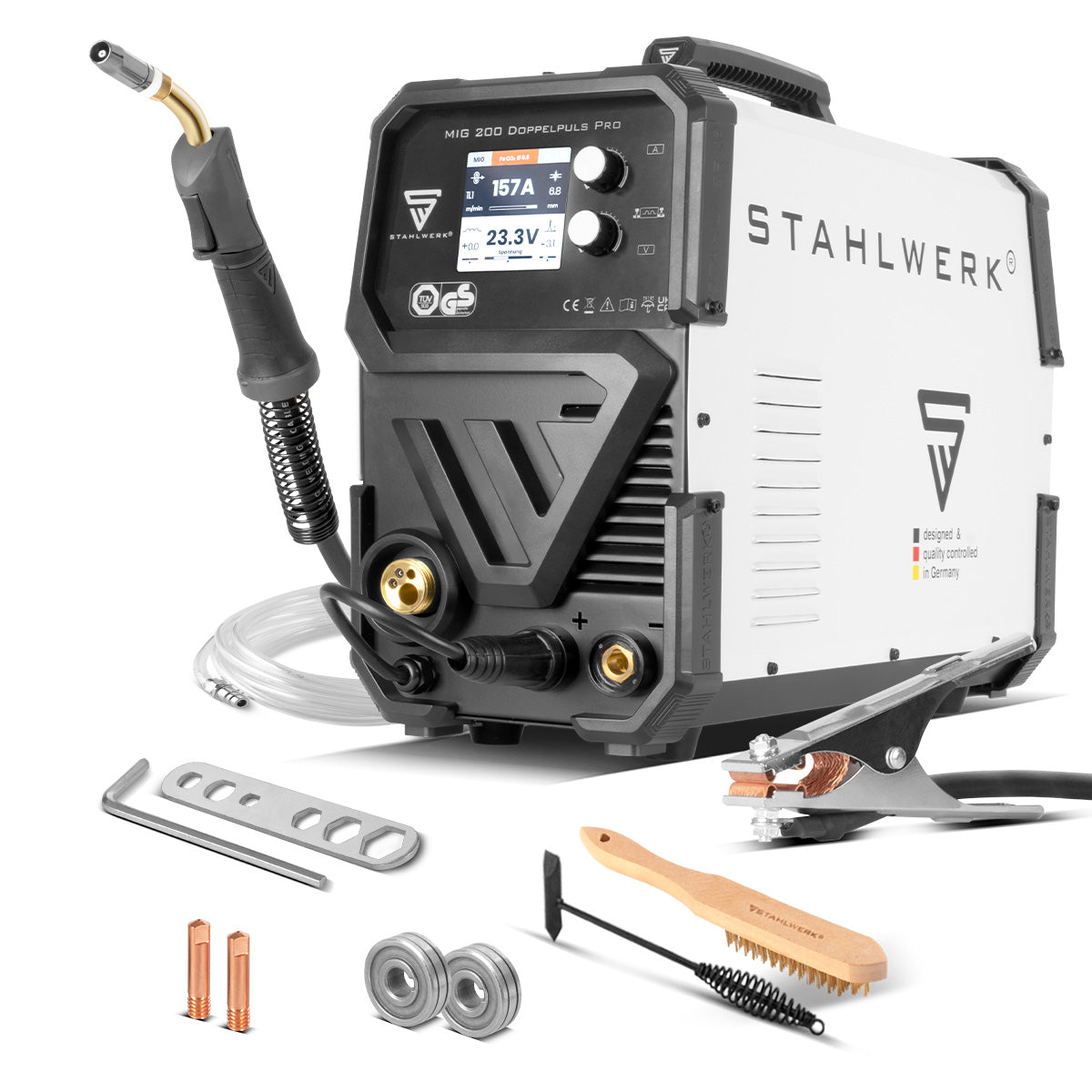 Máquina de soldar STAHLWERK MIG MAG 200 de doble pulso Pro totalmente sinérgica con 200 amperios y soplete de soldar AK25/MB25, acero, acero inoxidable, aluminio, alambre tubular